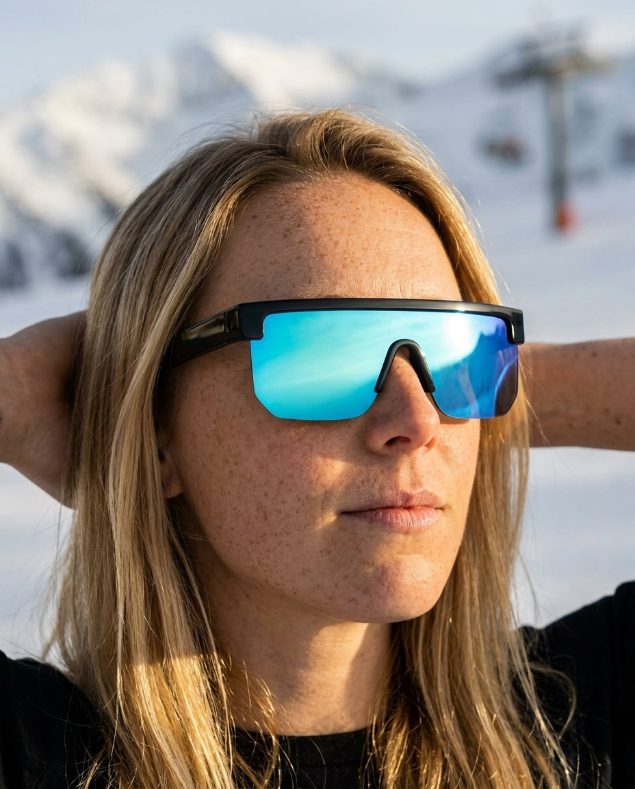 Skier wearing SunFit Ski Jet Blue on the slopes