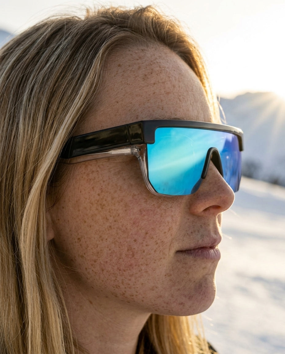 SunFit Ski seen from the side, worn over regular glasses in the sun