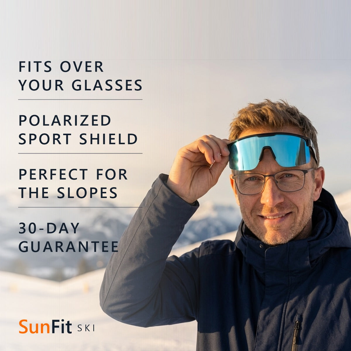 SunFit Ski Jet Blue – fits over your glasses, polarized sport shield, perfect for the slopes, 30-day guarantee