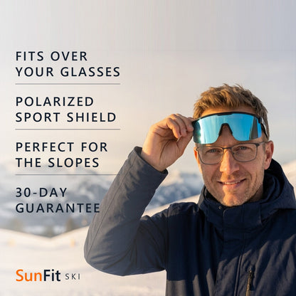 SunFit Ski Jet Blue – fits over your glasses, polarized sport shield, perfect for the slopes, 30-day guarantee