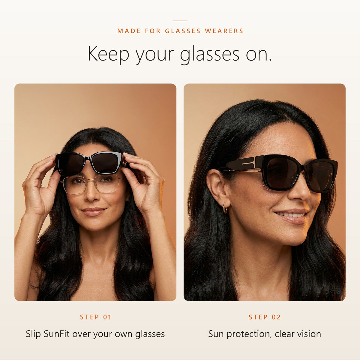 Keep your glasses on: she slips SunFit Onyx Cross fit-over sunglasses over her own prescription glasses