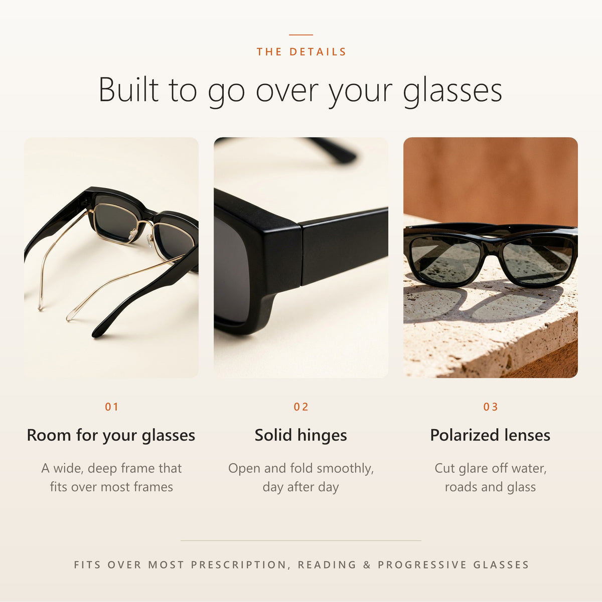SunFit details: room for your glasses inside, solid hinges, polarized lenses