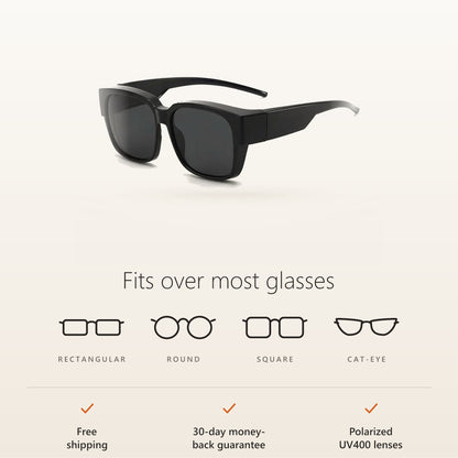 SunFit fits over most rectangular, round, square and cat-eye glasses; free shipping and 30-day money-back guarantee