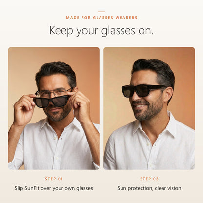 Keep your glasses on: slip SunFit fit-over sunglasses over your own prescription glasses