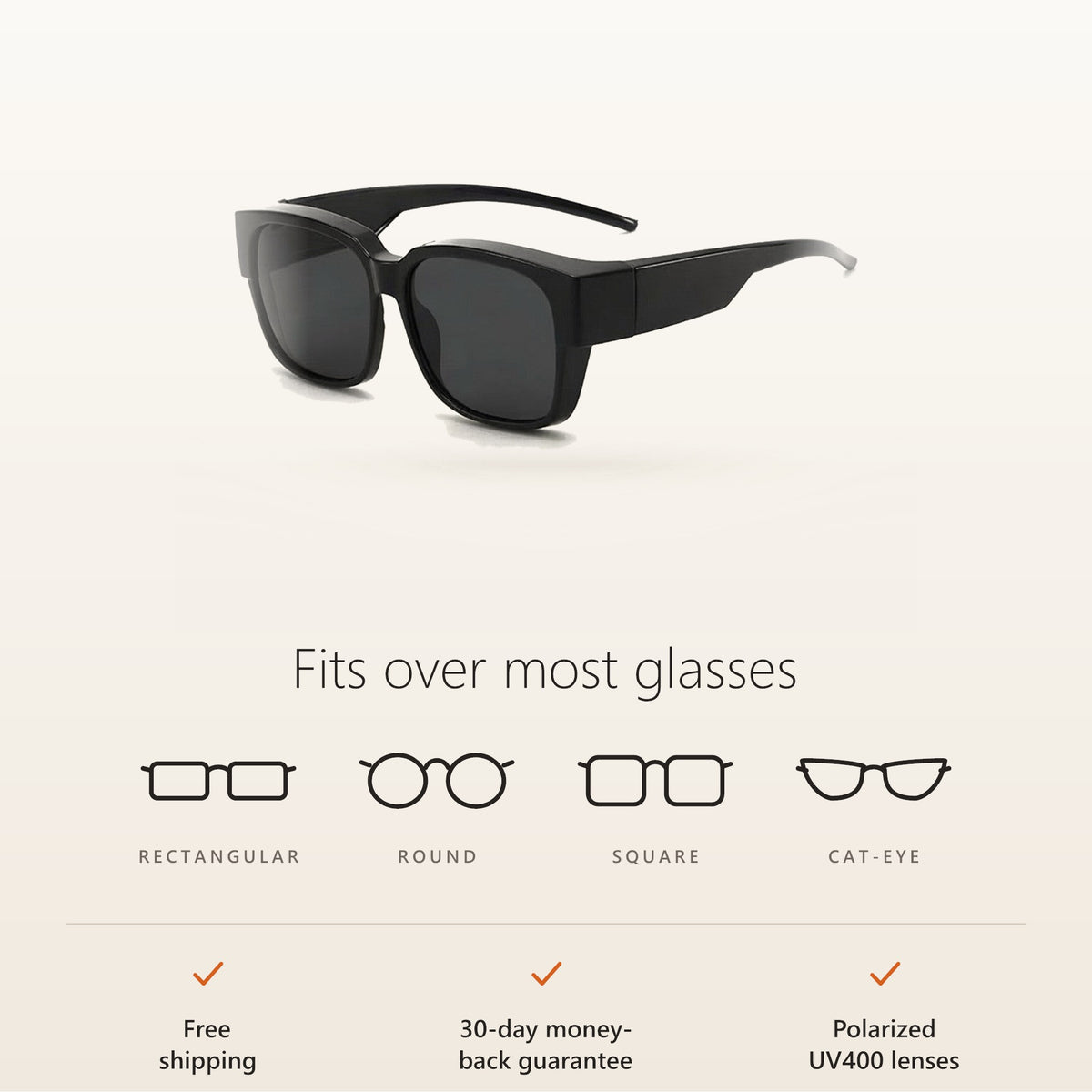 SunFit fits over most rectangular, round, square and cat-eye glasses; free shipping and 30-day money-back guarantee