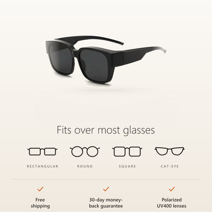 SunFit fits over most rectangular, round, square and cat-eye glasses; free shipping and 30-day money-back guarantee